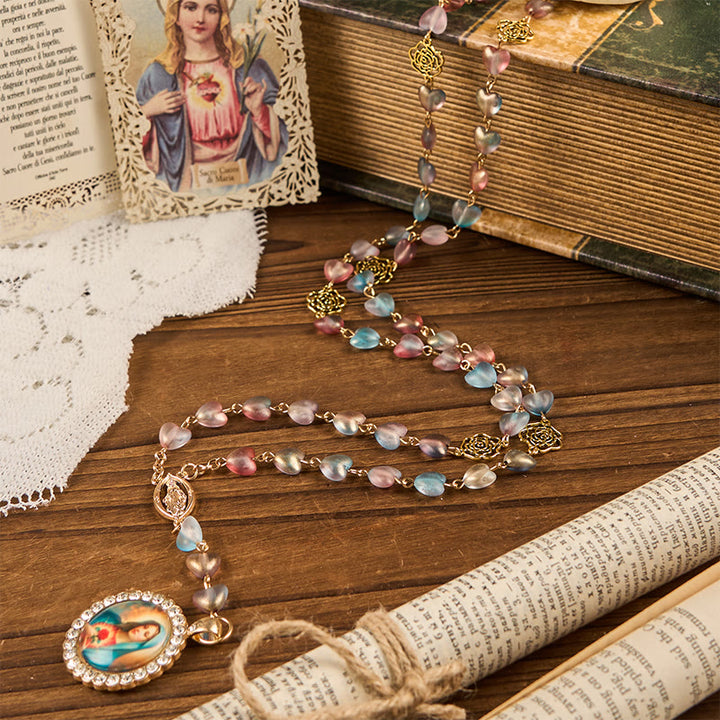Christianartworkshop Wundertätige Medaille und makelloses Herz aus 10 mm Herzrose, mehrfarbige Kette aus Glaslegierung, Rosenkranz