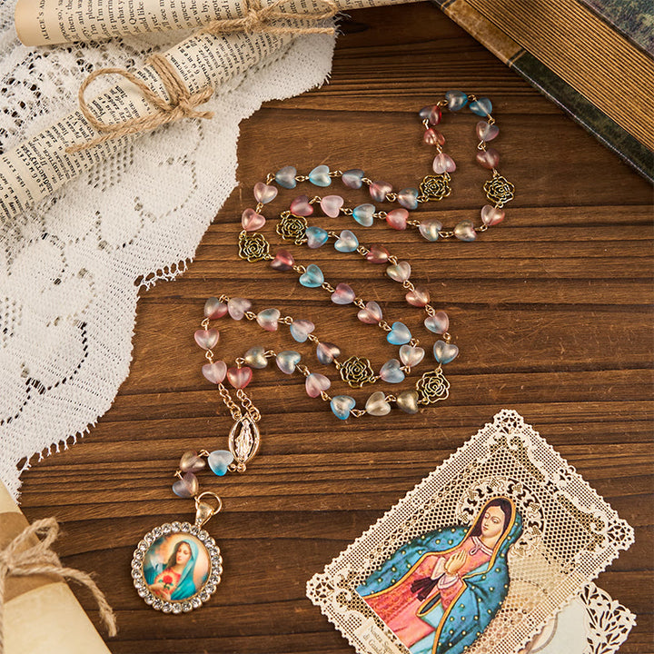 Christianartworkshop Wundertätige Medaille und makelloses Herz aus 10 mm Herzrose, mehrfarbige Kette aus Glaslegierung, Rosenkranz