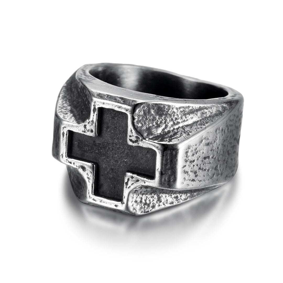 Christianartworkshop Glaubensring aus Edelstahl im Heavy Metals-Stil mit Kreuzgravur