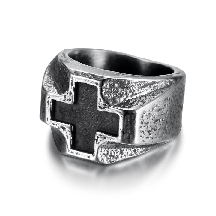 Christianartworkshop Glaubensring aus Edelstahl im Heavy Metals-Stil mit Kreuzgravur