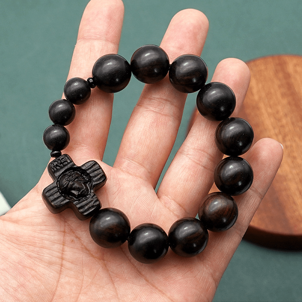 Christianartworkshop Klassisches Rosenkranz-Armband mit Jesus-Christus-Kreuz, schwarzes Sandelholz