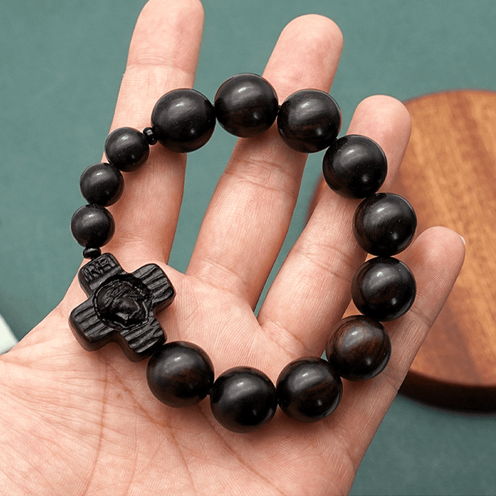 Christianartworkshop Klassisches Rosenkranz-Armband mit Jesus-Christus-Kreuz, schwarzes Sandelholz