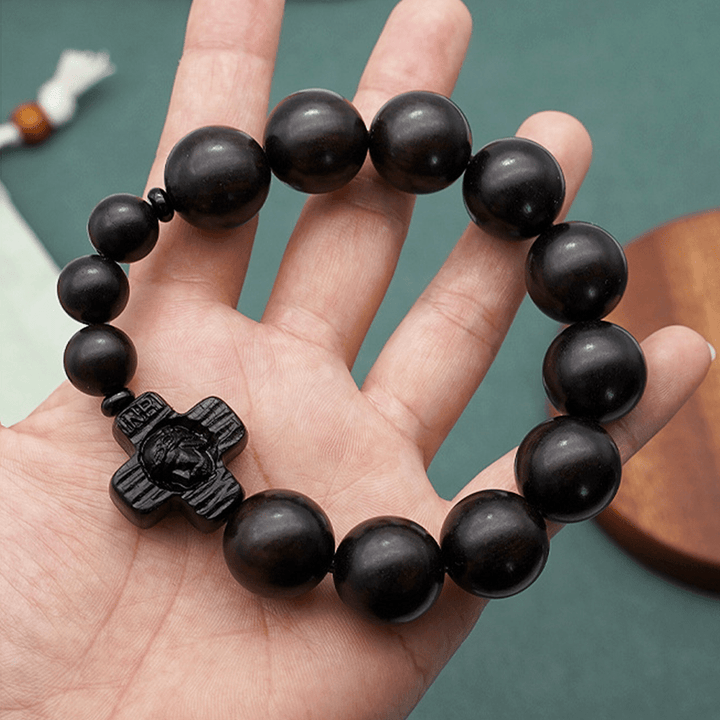 Christianartworkshop Klassisches Rosenkranz-Armband mit Jesus-Christus-Kreuz, schwarzes Sandelholz