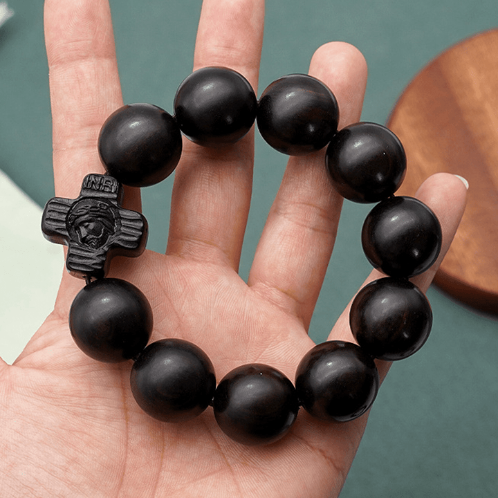 Christianartworkshop Klassisches Rosenkranz-Armband mit Jesus-Christus-Kreuz, schwarzes Sandelholz
