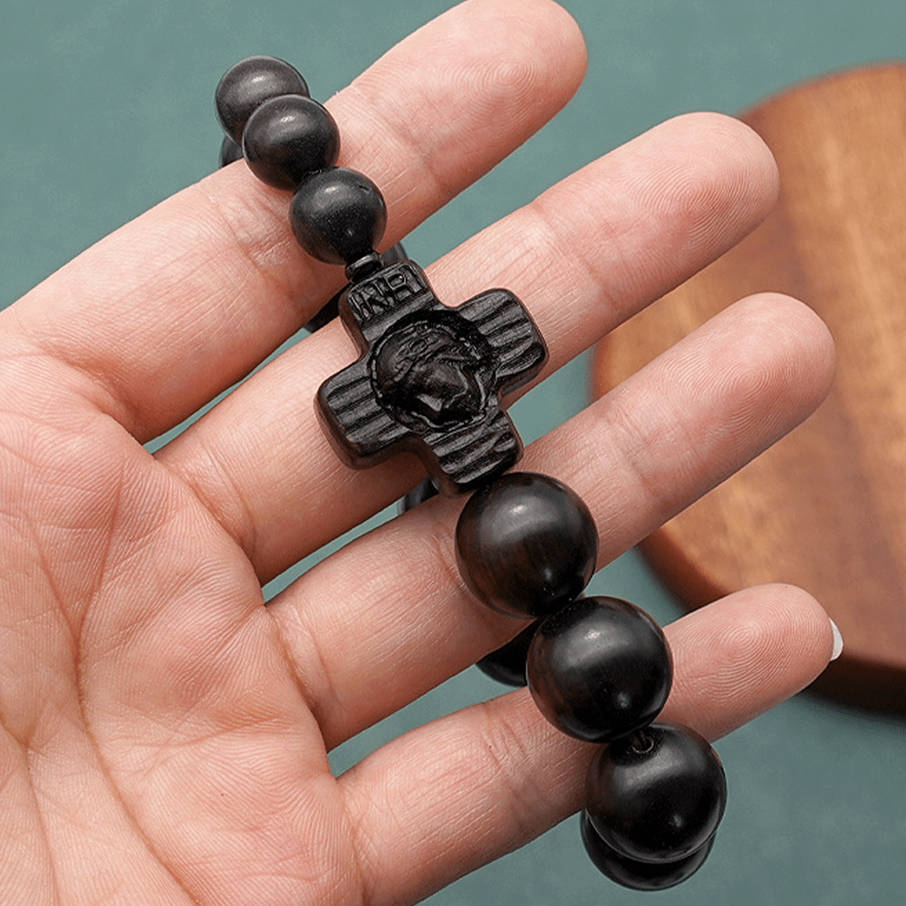 Christianartworkshop Klassisches Rosenkranz-Armband mit Jesus-Christus-Kreuz, schwarzes Sandelholz
