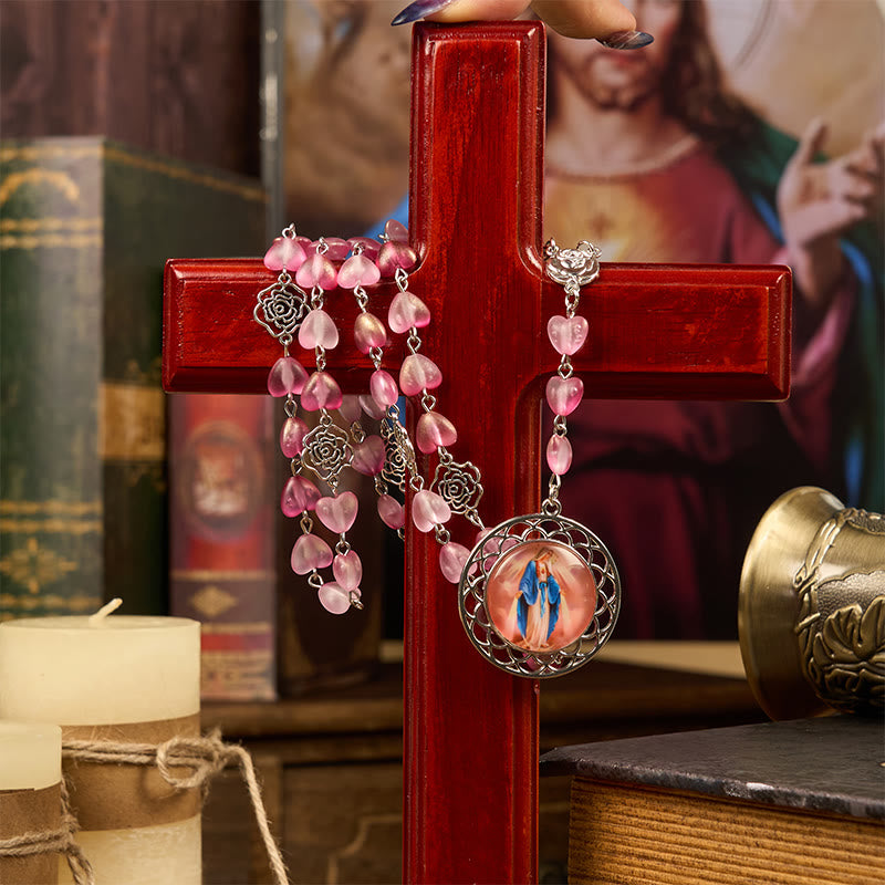Christianartworkshop Rosenkranz mit 10 mm Herz, Rosenkranzkette aus Glaslegierung, mit wundertätiger Medaille