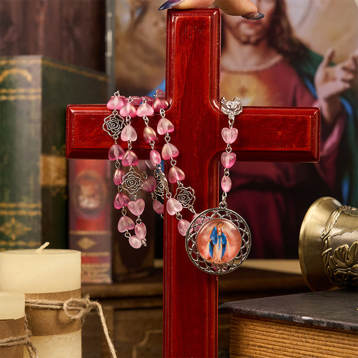 Christianartworkshop Rosenkranz mit 10 mm Herz, Rosenkranzkette aus Glaslegierung, mit wundertätiger Medaille