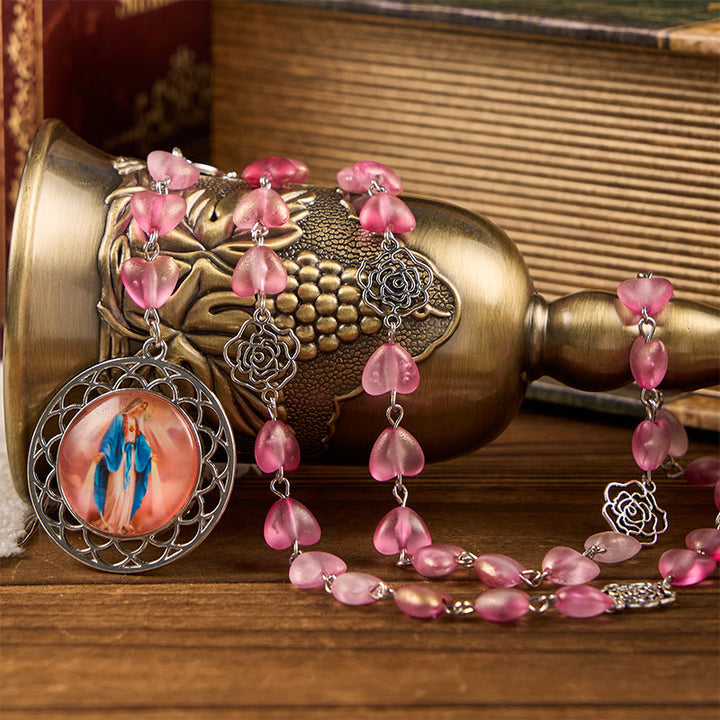 Christianartworkshop Rosenkranz mit 10 mm Herz, Rosenkranzkette aus Glaslegierung, mit wundertätiger Medaille - Rosa - image 0
