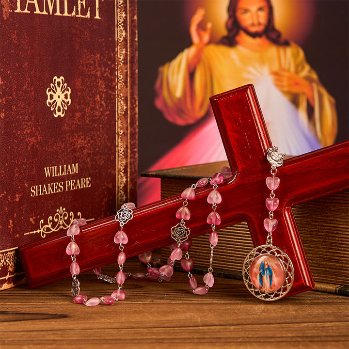 Christianartworkshop Rosenkranz mit 10 mm Herz, Rosenkranzkette aus Glaslegierung, mit wundertätiger Medaille