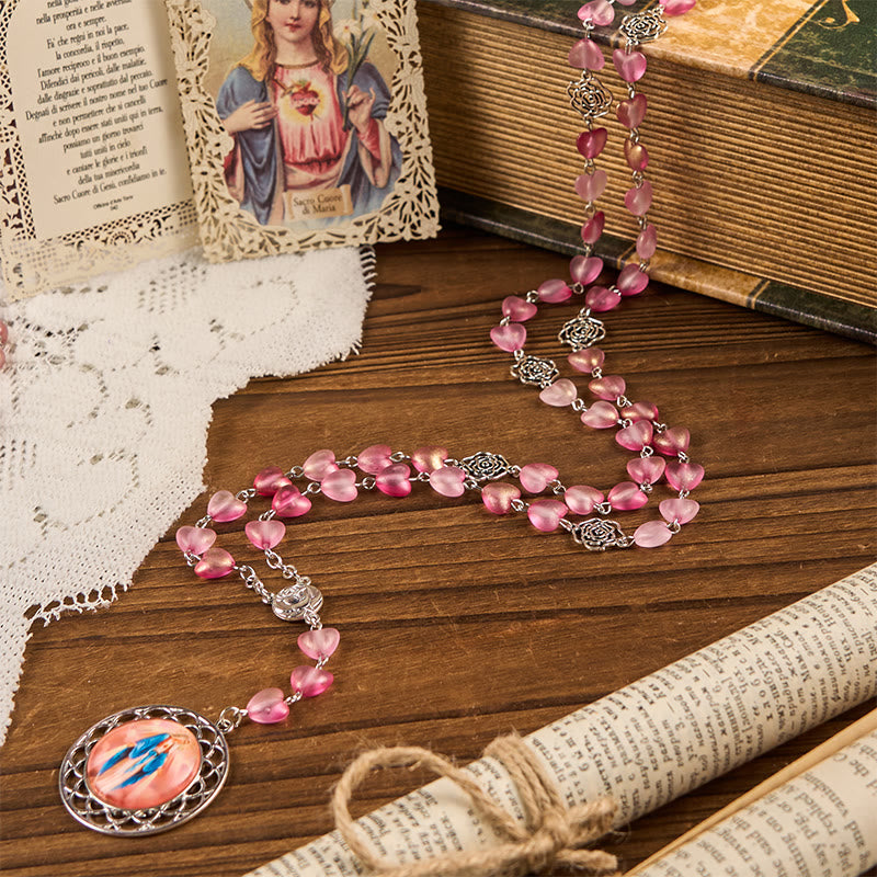 Christianartworkshop Rosenkranz mit 10 mm Herz, Rosenkranzkette aus Glaslegierung, mit wundertätiger Medaille