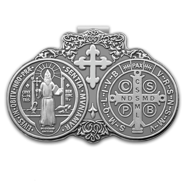 Christianartworkshop St. Benedikt, beschütze deine Reise, zwei Medaillen, Metall-Visierclips