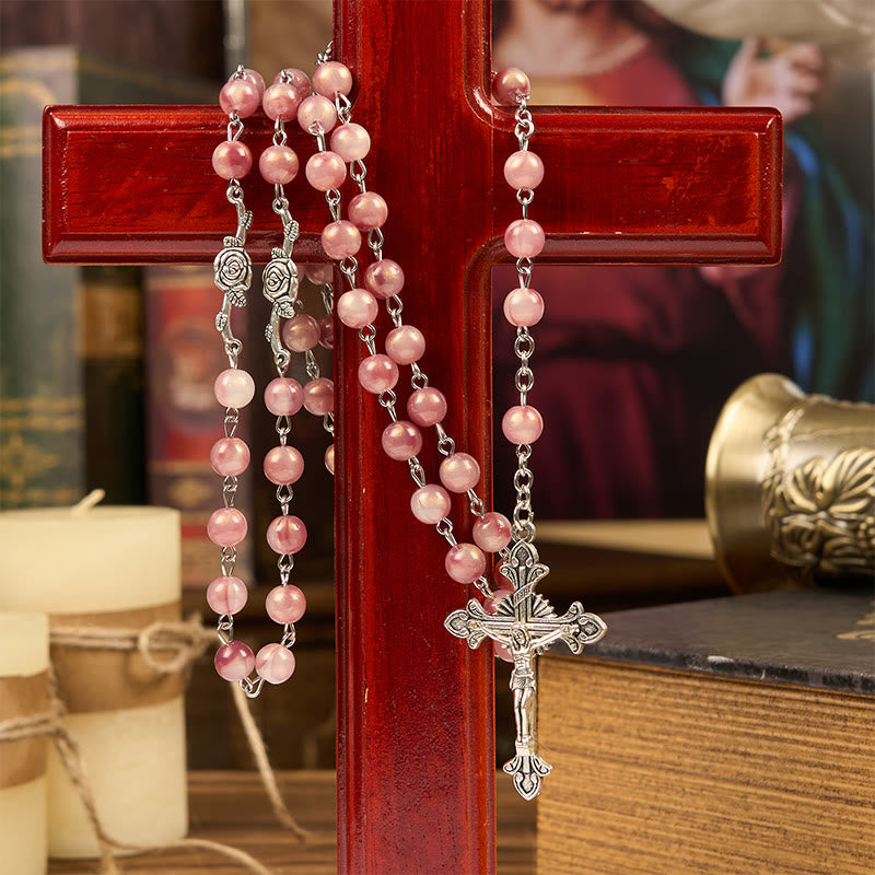 Christianartworkshop Rosenkranz mit Kette „Unsere Liebe Frau“ und Kruzifix, 8 mm, rund, rosafarbene Legierung