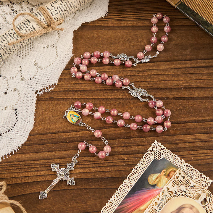 Christianartworkshop Rosenkranz mit Kette „Unsere Liebe Frau“ und Kruzifix, 8 mm, rund, rosafarbene Legierung