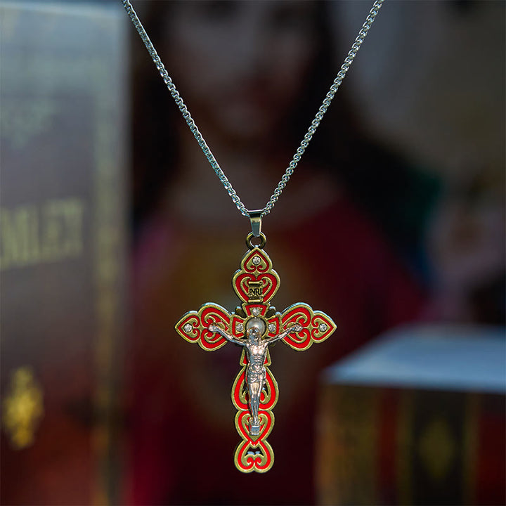 Christianartworkshop Halskette mit Anhänger, 6 Farben und 3 Edelsteinen, Dreifaltigkeitskruzifix mit Perle dahinter