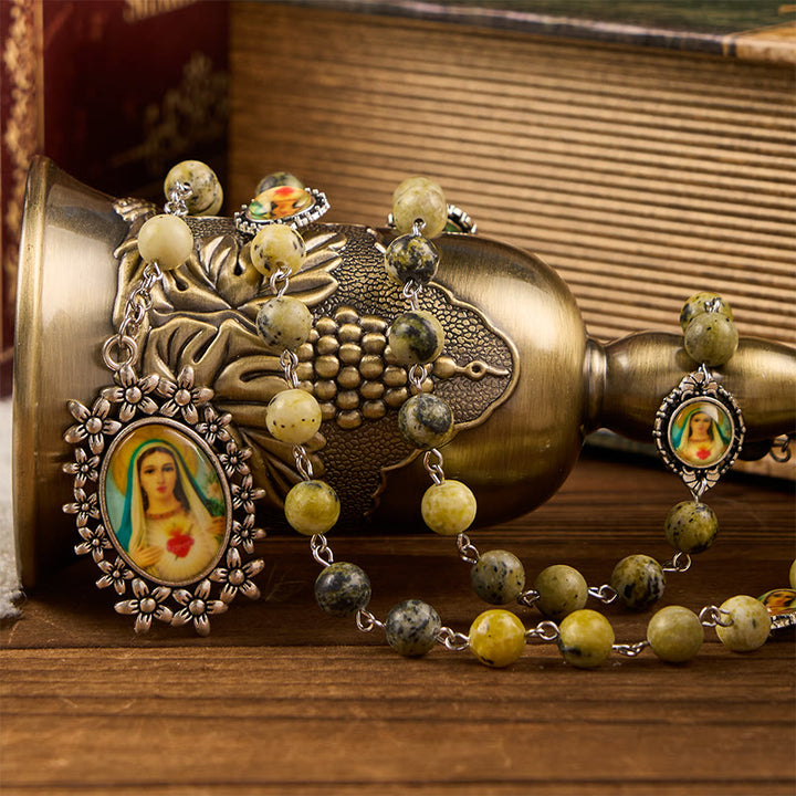 Christianartworkshop Wundertätige Medaille und makelloses Herz aus 8 mm rundem Stein, gelbe Legierungskette, Rosenkranz