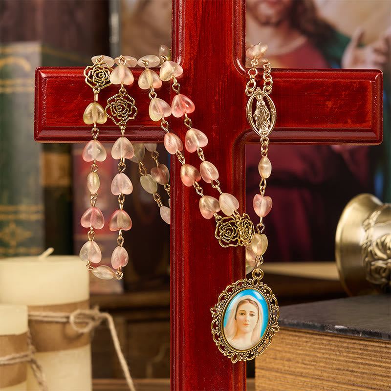 Christianartworkshop Wundertätige Medaille & Unsere Liebe Frau von 10 mm Herz Rose Glas Legierung Kette Rosenkranz - Aprikose - image 0