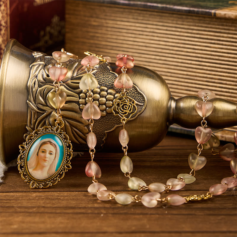 Christianartworkshop Wundertätige Medaille & Unsere Liebe Frau von 10 mm Herz Rose Glas Legierung Kette Rosenkranz