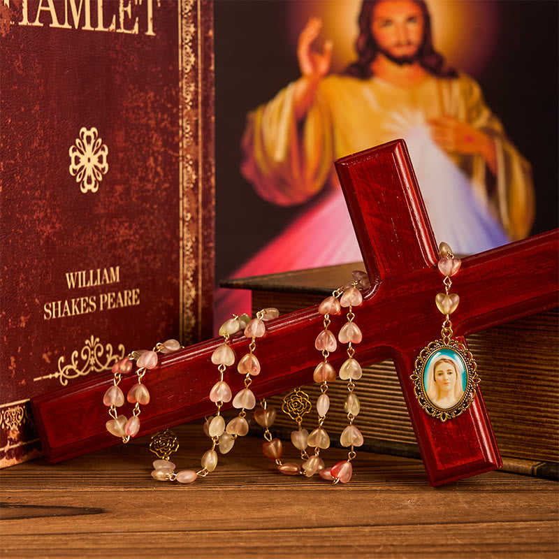 Christianartworkshop Wundertätige Medaille & Unsere Liebe Frau von 10 mm Herz Rose Glas Legierung Kette Rosenkranz