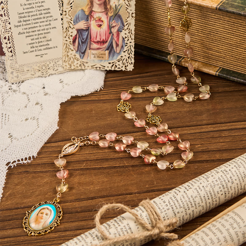 Christianartworkshop Wundertätige Medaille & Unsere Liebe Frau von 10 mm Herz Rose Glas Legierung Kette Rosenkranz