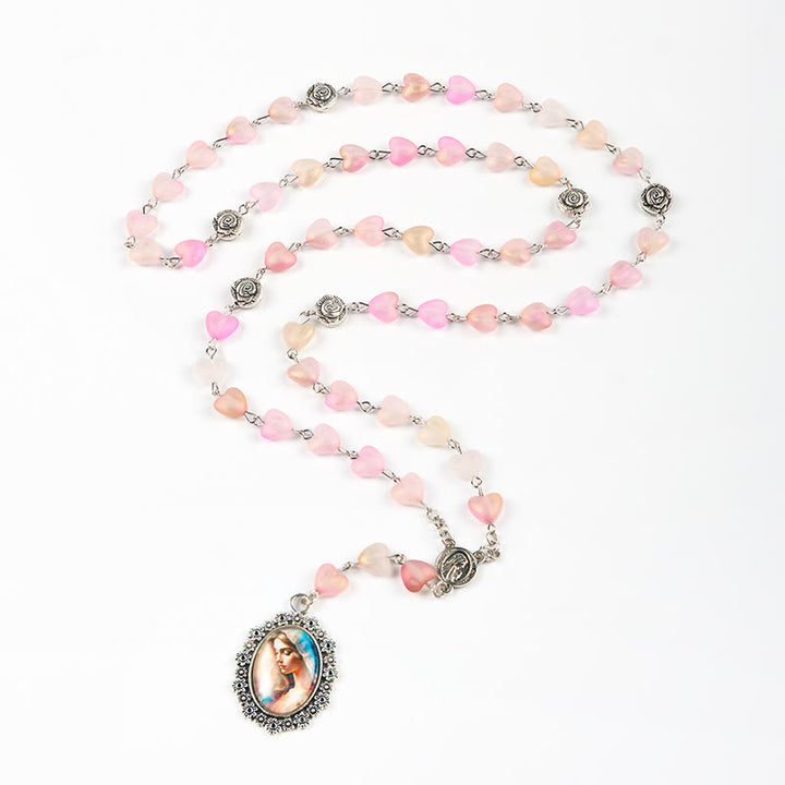 Christianartworkshop Rosenkranz mit betender Maria und Unserer Lieben Frau, 10 mm Herz, Rosenglas, rosa Legierungskette