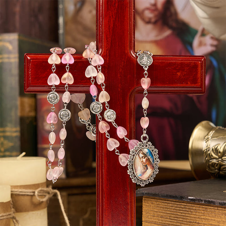 Christianartworkshop Rosenkranz mit betender Maria und Unserer Lieben Frau, 10 mm Herz, Rosenglas, rosa Legierungskette