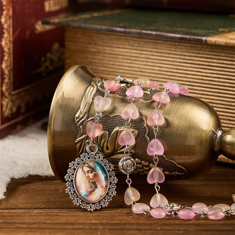 Christianartworkshop Rosenkranz mit betender Maria und Unserer Lieben Frau, 10 mm Herz, Rosenglas, rosa Legierungskette