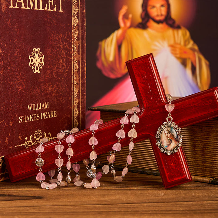 Christianartworkshop Rosenkranz mit betender Maria und Unserer Lieben Frau, 10 mm Herz, Rosenglas, rosa Legierungskette