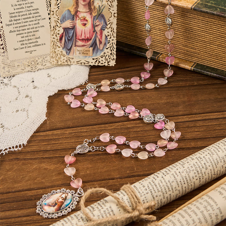Christianartworkshop Rosenkranz mit betender Maria und Unserer Lieben Frau, 10 mm Herz, Rosenglas, rosa Legierungskette