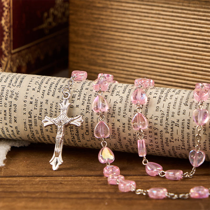 Christianartworkshop Rosenkranz mit Kette „Unsere Liebe Frau“ und Kruzifix, 8 mm Herz, Acryl, rosa Legierung