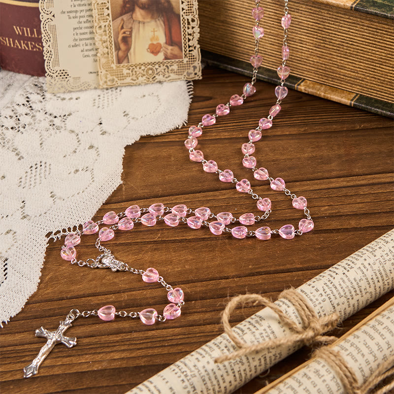 Christianartworkshop Rosenkranz mit Kette „Unsere Liebe Frau“ und Kruzifix, 8 mm Herz, Acryl, rosa Legierung