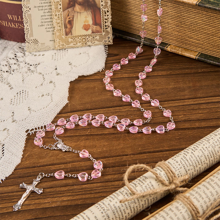 Christianartworkshop Rosenkranz mit Kette „Unsere Liebe Frau“ und Kruzifix, 8 mm Herz, Acryl, rosa Legierung