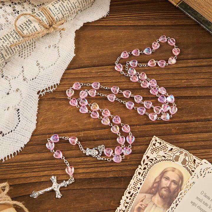 Christianartworkshop Rosenkranz mit Kette „Unsere Liebe Frau“ und Kruzifix, 8 mm Herz, Acryl, rosa Legierung