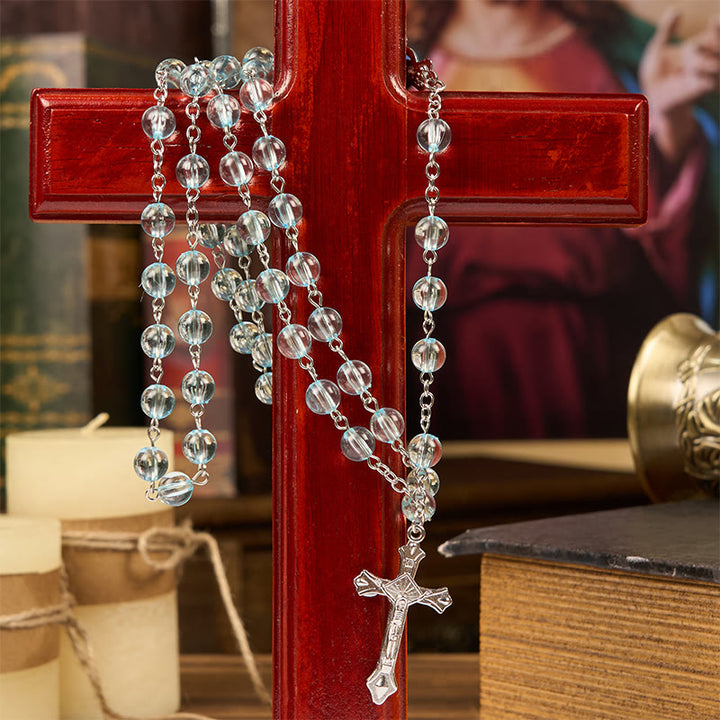 Christianartworkshop Rosenkranz mit Kette „Unsere Liebe Frau“ und Kruzifix aus rundem Glas, 8 mm, blaue Legierung