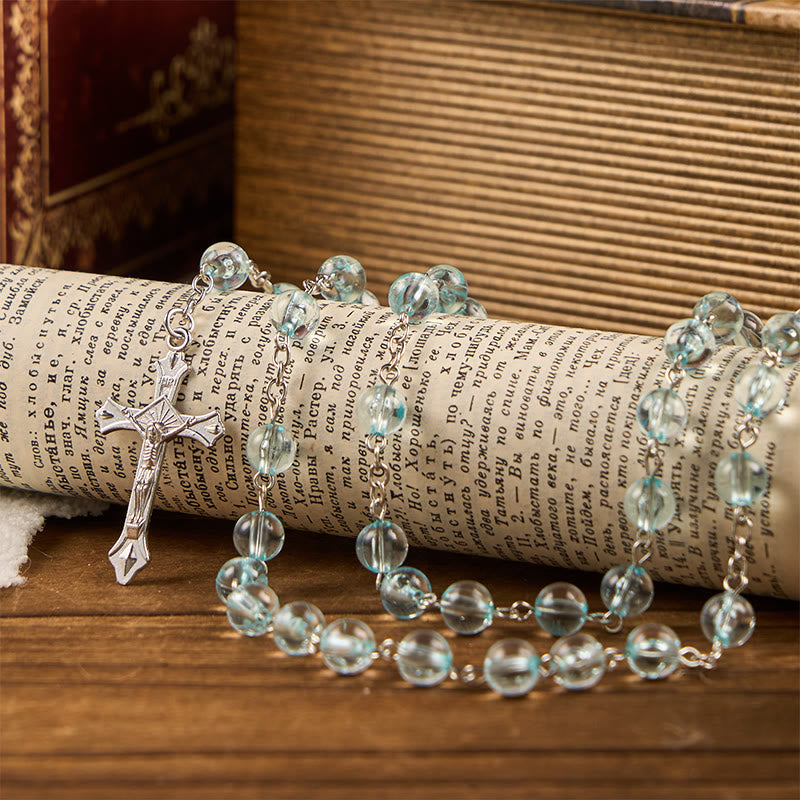 Christianartworkshop Rosenkranz mit Kette „Unsere Liebe Frau“ und Kruzifix aus rundem Glas, 8 mm, blaue Legierung