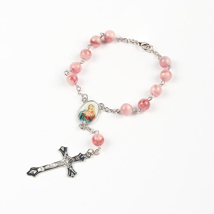 Christianartworkshop Rosenkranz mit der Kette „Unbeflecktes Herz Mariens“ aus runder, rosafarbener Legierung, 8 mm