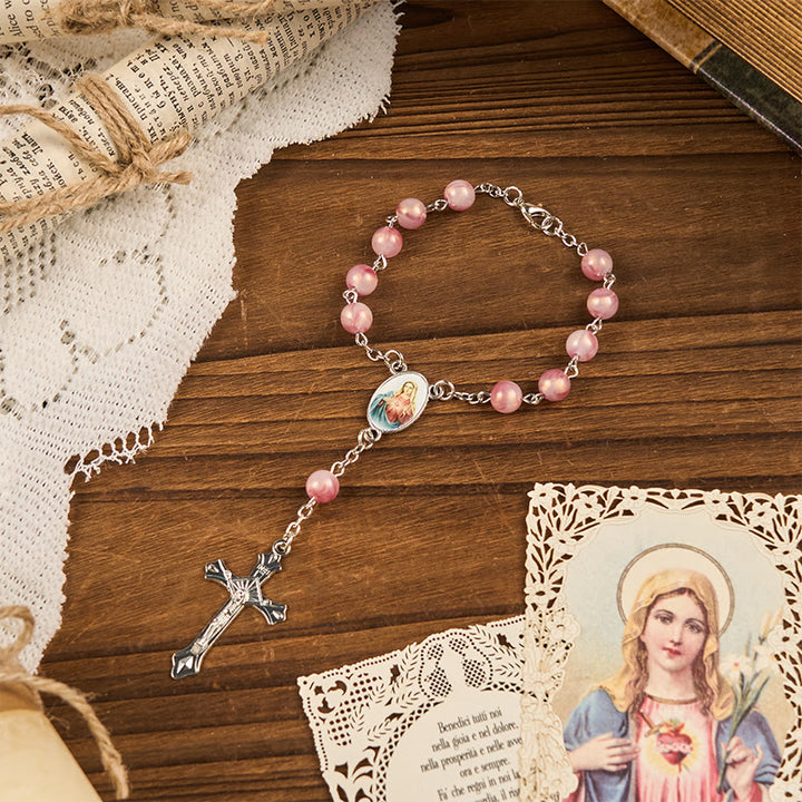 Christianartworkshop Rosenkranz mit der Kette „Unbeflecktes Herz Mariens“ aus runder, rosafarbener Legierung, 8 mm