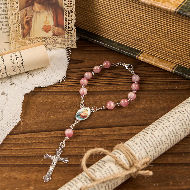 Christianartworkshop Rosenkranz mit der Kette „Unbeflecktes Herz Mariens“ aus runder, rosafarbener Legierung, 8 mm