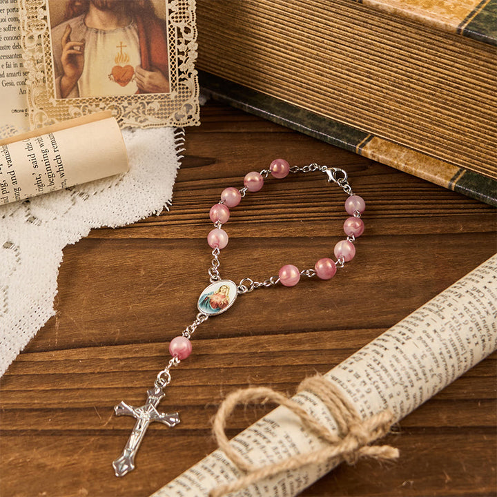 Christianartworkshop Rosenkranz mit der Kette „Unbeflecktes Herz Mariens“ aus runder, rosafarbener Legierung, 8 mm