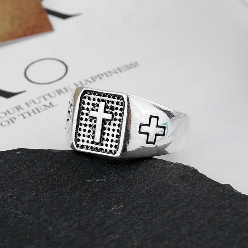 Christianartworkshop 925 Sterling Silber Minimalistischer Kreuzring mit Gravur, verstellbar