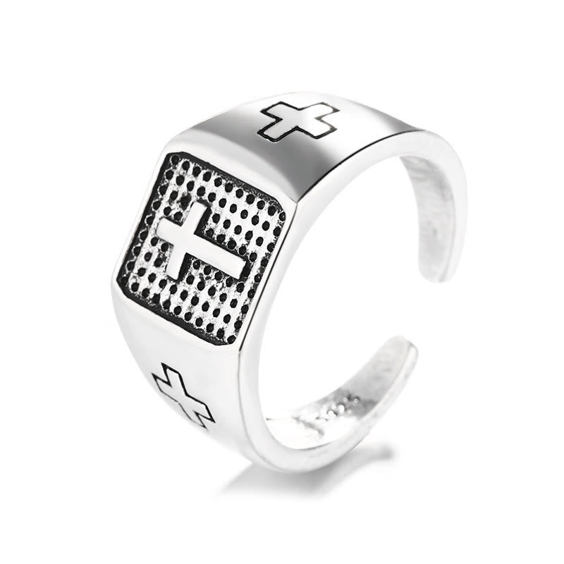 Christianartworkshop 925 Sterling Silber Minimalistischer Kreuzring mit Gravur, verstellbar