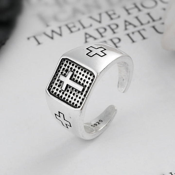 Christianartworkshop 925 Sterling Silber Minimalistischer Kreuzring mit Gravur, verstellbar
