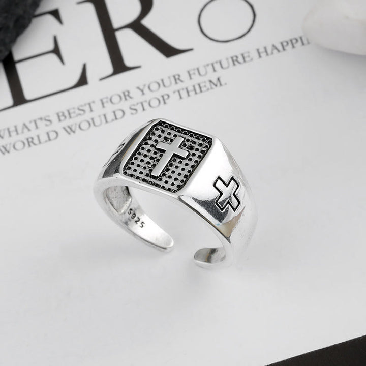 Christianartworkshop 925 Sterling Silber Minimalistischer Kreuzring mit Gravur, verstellbar