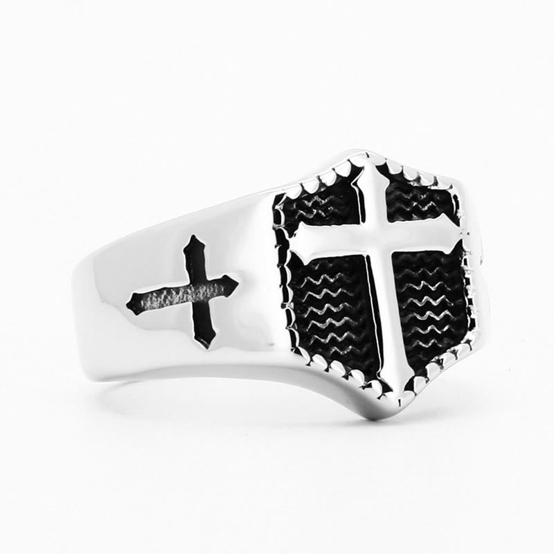 Christianartworkshop Glaubensring aus Edelstahl im Retro-Stil mit Kreuzgravur