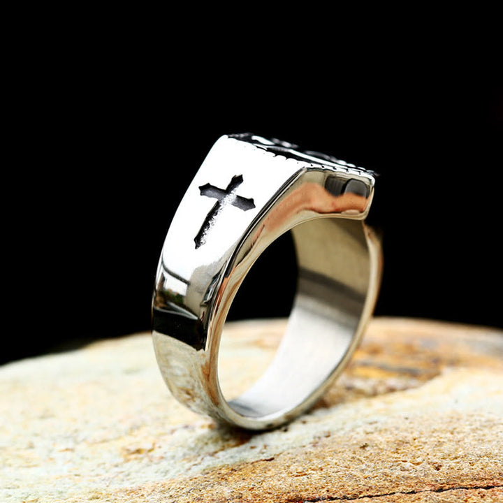 Christianartworkshop Glaubensring aus Edelstahl im Retro-Stil mit Kreuzgravur