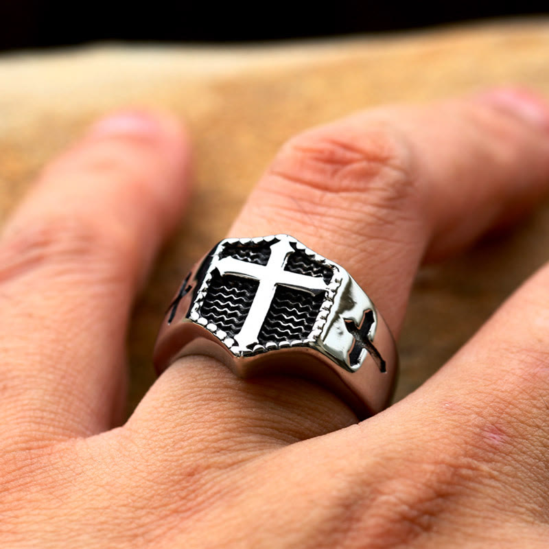 Christianartworkshop Glaubensring aus Edelstahl im Retro-Stil mit Kreuzgravur