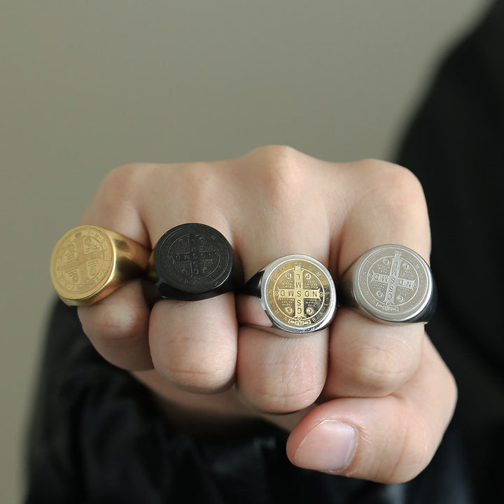 Christianartworkshop 8 Stile Retro Klassisch St. Benedikt Symbol Graviert Schutzring - image 1