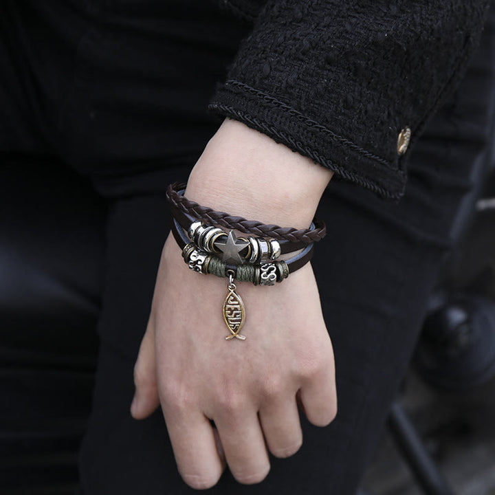 Christianartworkshop Retro-Armband mit Jesusfisch, verstellbar, Lederband