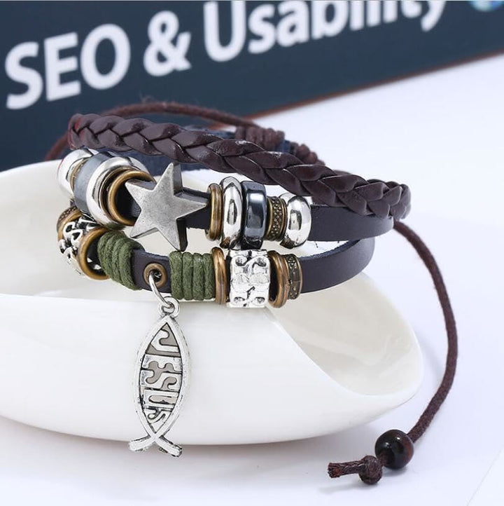 Christianartworkshop Retro-Armband mit Jesusfisch, verstellbar, Lederband