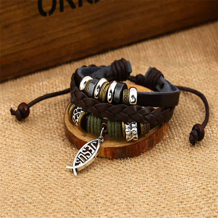 Christianartworkshop Retro Jesus Fisch Verstellbares Lederarmband - image 2