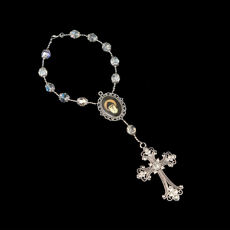 Christianartworkshop St. Charbel-Medaille und Kreuz aus 10 mm klarem Kristall, ein Jahrzehnt Taschenrosenkranz